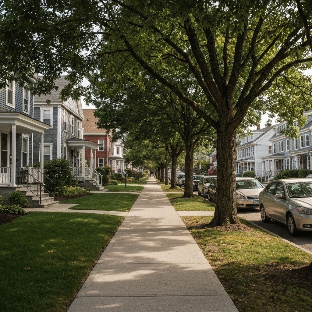 Quiet residential street with sidewalks and mature trees